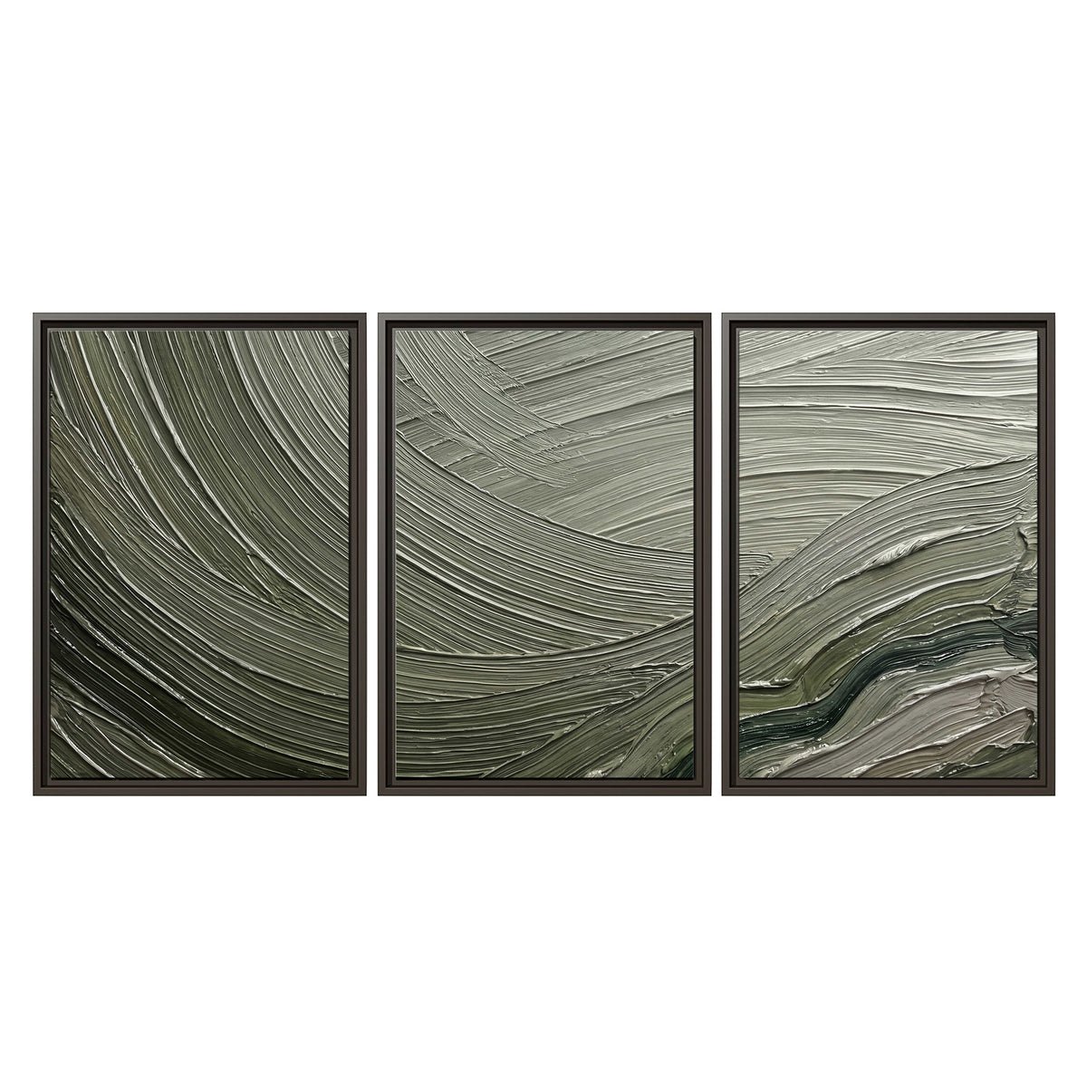 Olive and sage green abstract flowing waves with curved painted-style ridges 3 piece framed canvas wall art viewed straight on