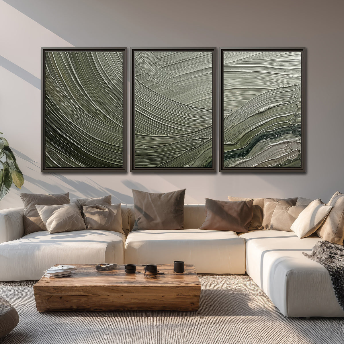 Olive and sage green abstract flowing waves with curved painted-style ridges 3 piece framed canvas wall art displayed in a living room
