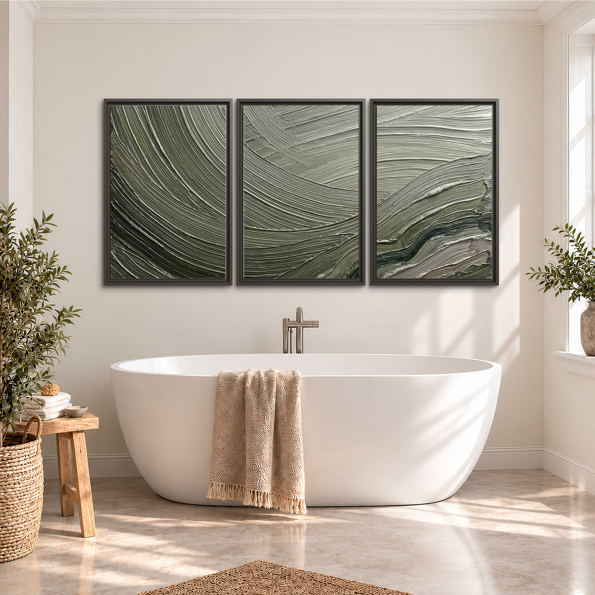 Olive and sage green abstract flowing waves with curved painted-style ridges 3 piece framed canvas wall art styled in an interior