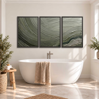 Olive and sage green abstract flowing waves with curved painted-style ridges 3 piece framed canvas wall art styled in an interior