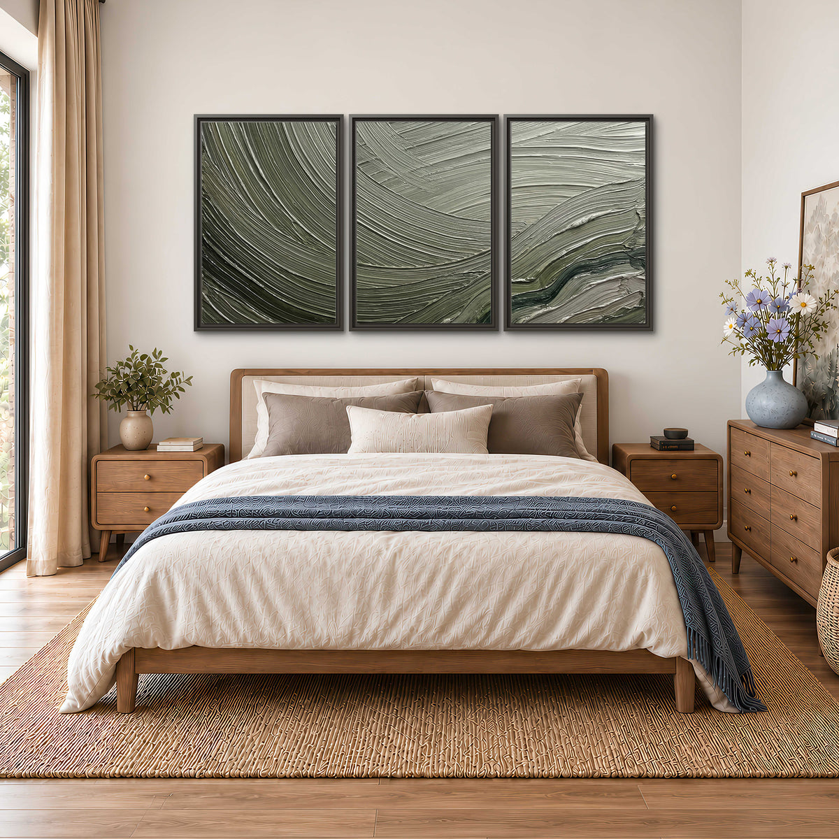 Olive and sage green abstract flowing waves with curved painted-style ridges 3 piece framed canvas wall art styled in an interior