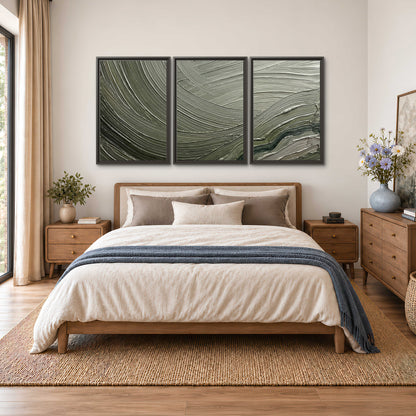Olive and sage green abstract flowing waves with curved painted-style ridges 3 piece framed canvas wall art styled in an interior