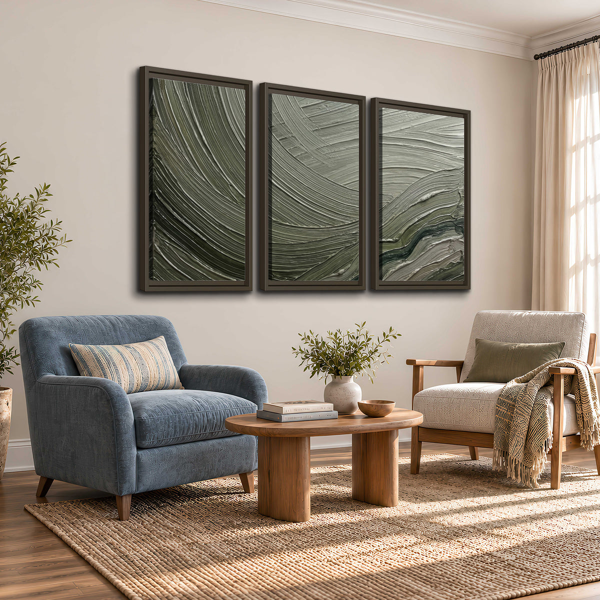 Olive and sage green abstract flowing waves with curved painted-style ridges 3 piece framed canvas wall art styled in an interior