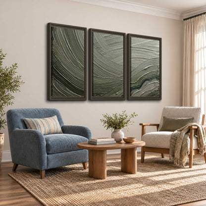 Olive and sage green abstract flowing waves with curved painted-style ridges 3 piece framed canvas wall art styled in an interior