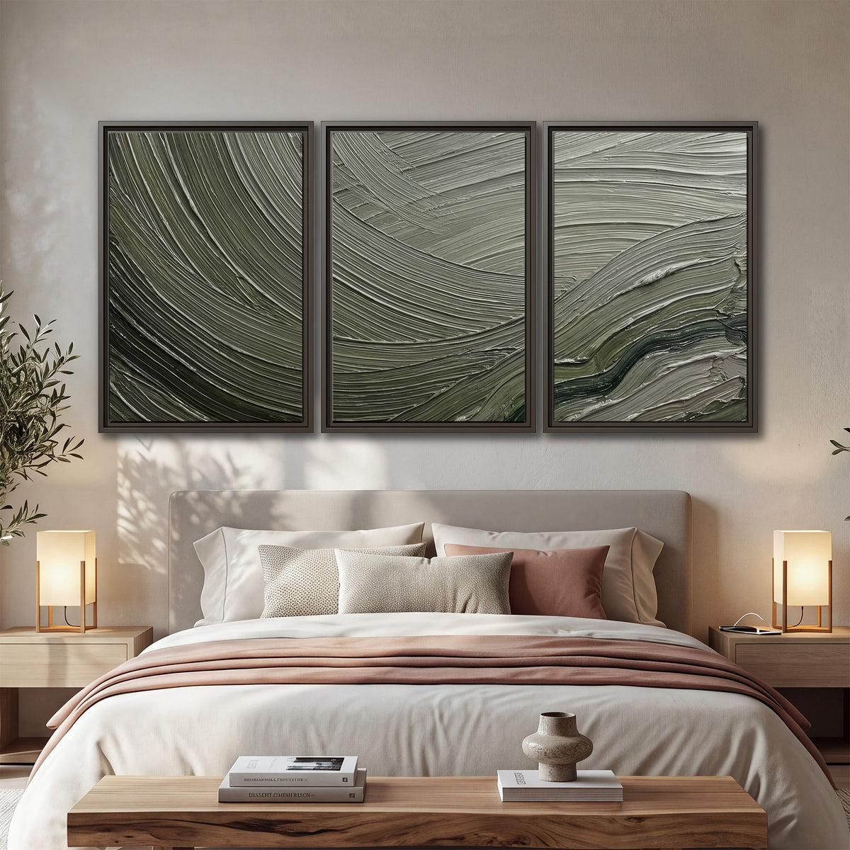 Olive and sage green abstract flowing waves with curved painted-style ridges 3 piece framed canvas wall art displayed in a bedroom