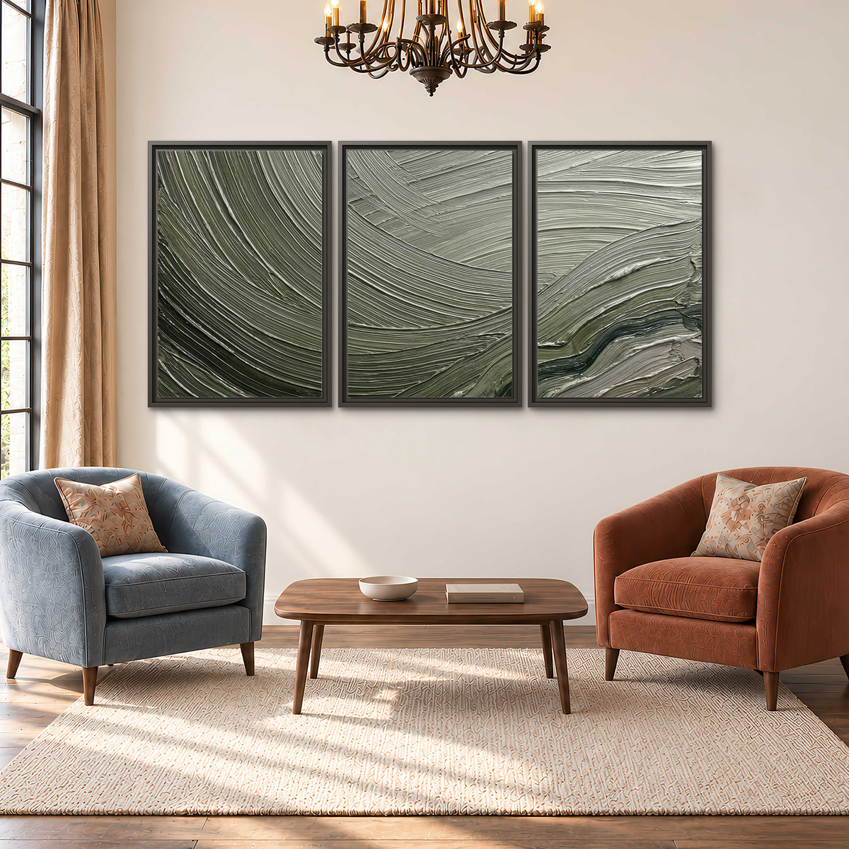 Olive and sage green abstract flowing waves with curved painted-style ridges 3 piece framed canvas wall art styled in an interior