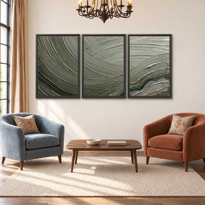 Olive and sage green abstract flowing waves with curved painted-style ridges 3 piece framed canvas wall art styled in an interior