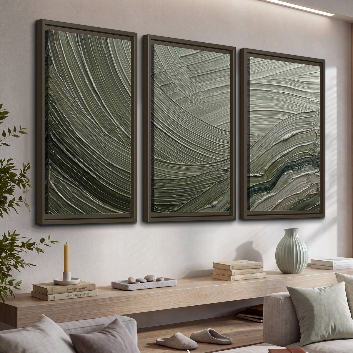 Olive and sage green abstract flowing waves with curved painted-style ridges 3 piece framed canvas wall art displayed in a console