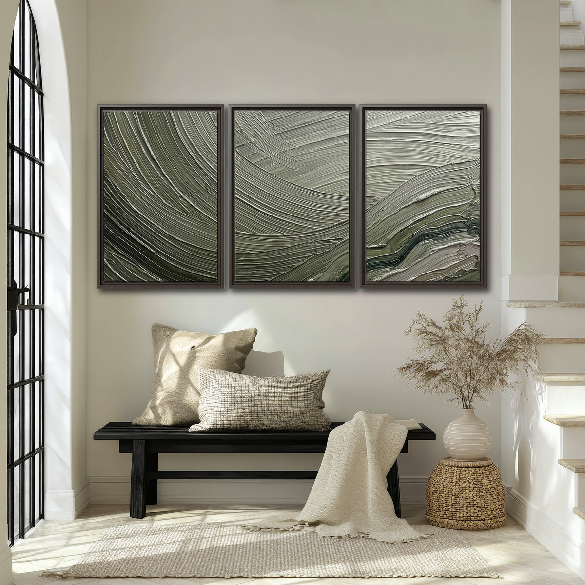 Olive and sage green abstract flowing waves with curved painted-style ridges 3 piece framed canvas wall art displayed in a entryway