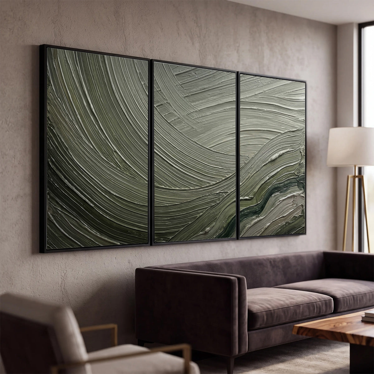 Olive and sage green abstract flowing waves with curved painted-style ridges 3 piece framed canvas wall art displayed in a modern living room