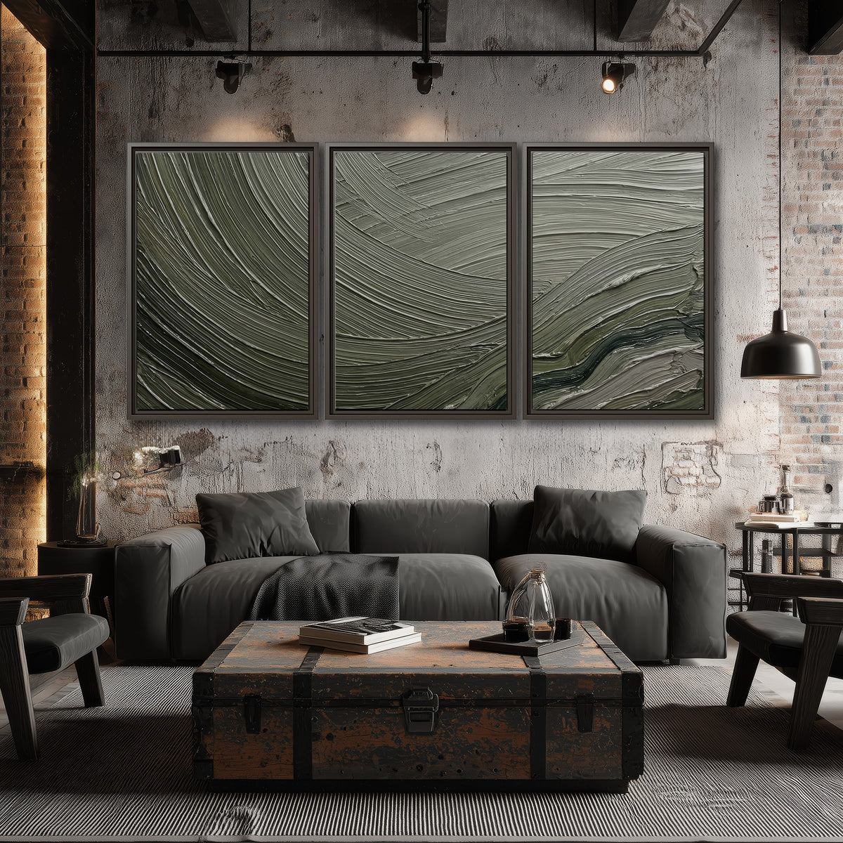 Olive and sage green abstract flowing waves with curved painted-style ridges 3 piece framed canvas wall art displayed in a industrial room
