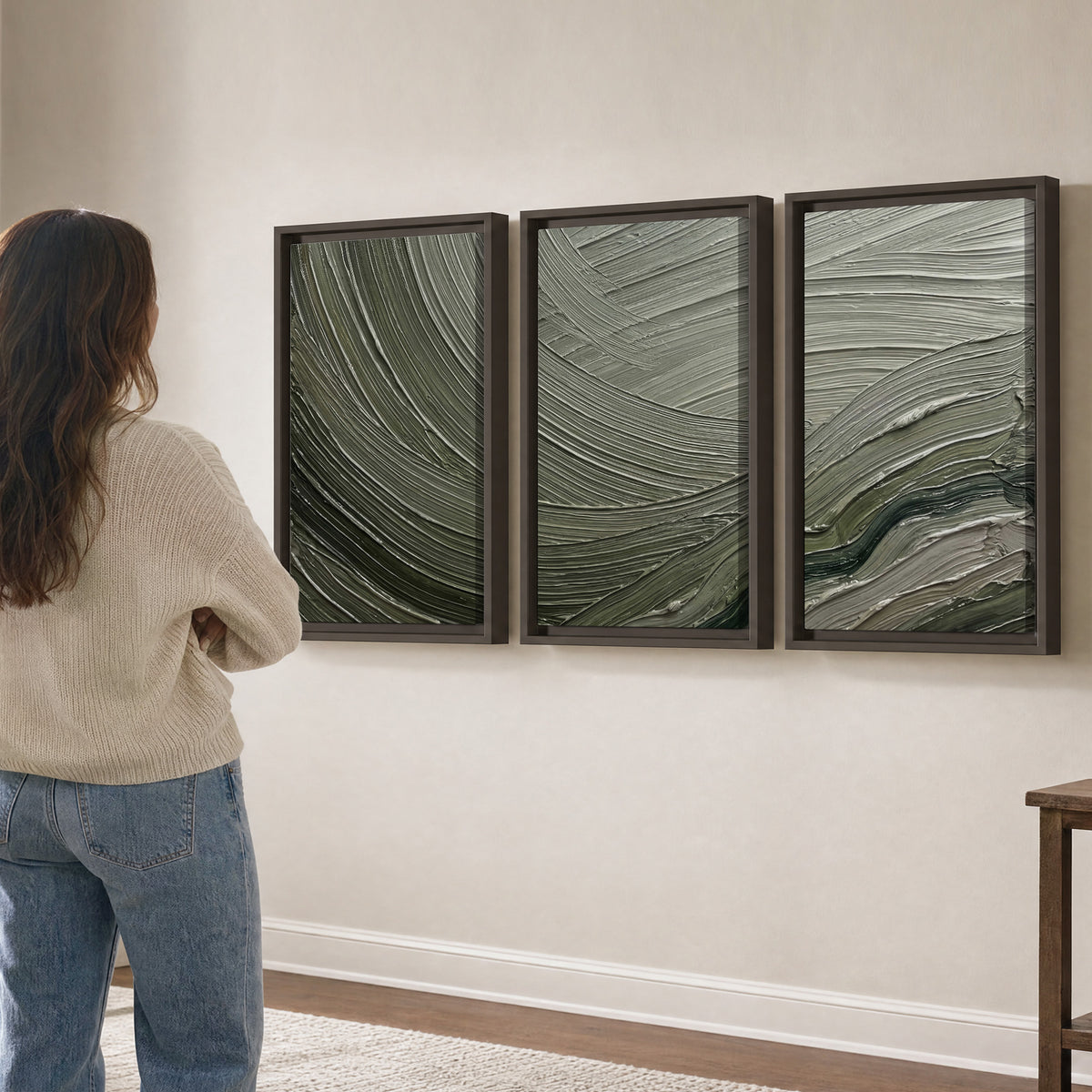 Olive and sage green abstract flowing waves with curved painted-style ridges 3 piece framed canvas wall art three panel arrangement on a wall