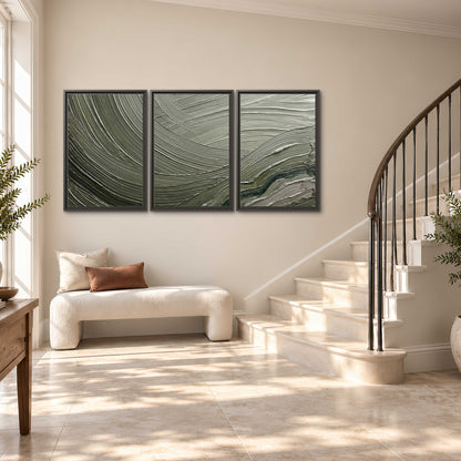 Olive and sage green abstract flowing waves with curved painted-style ridges 3 piece framed canvas wall art styled in an interior