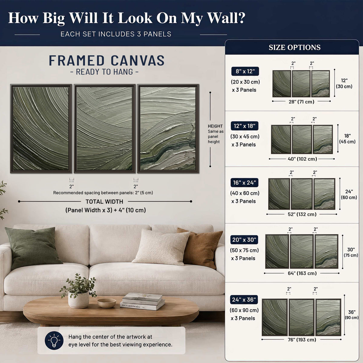 Olive and sage green abstract flowing waves with curved painted-style ridges 3 piece framed canvas wall art size guide above a sofa; room view is illustrative