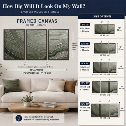 Olive and sage green abstract flowing waves with curved painted-style ridges 3 piece framed canvas wall art size guide above a sofa; room view is illustrative