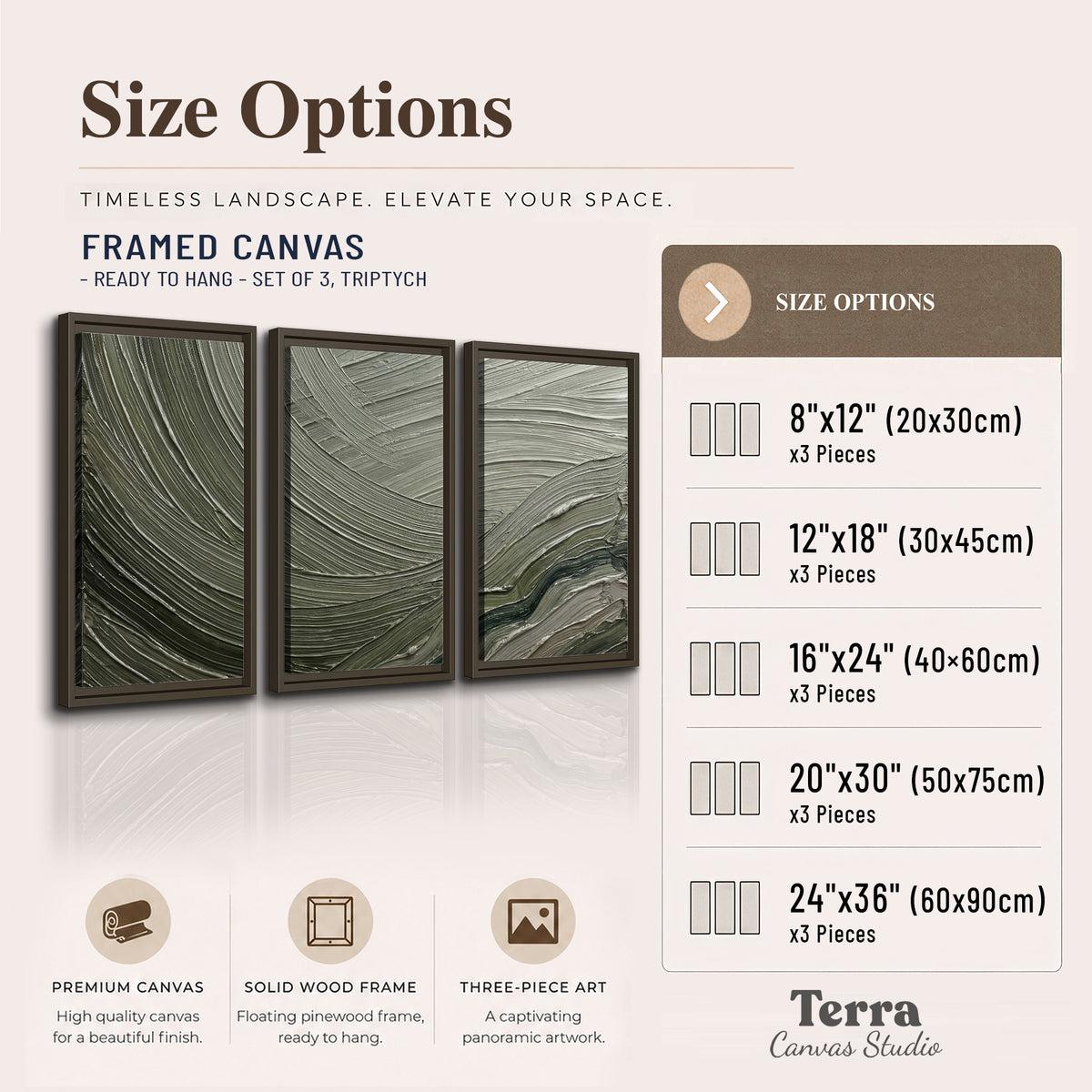 Olive and sage green abstract flowing waves with curved painted-style ridges 3 piece framed canvas wall art available dimensions; triptych dimensions are per panel