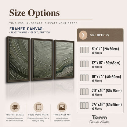 Olive and sage green abstract flowing waves with curved painted-style ridges 3 piece framed canvas wall art available dimensions; triptych dimensions are per panel