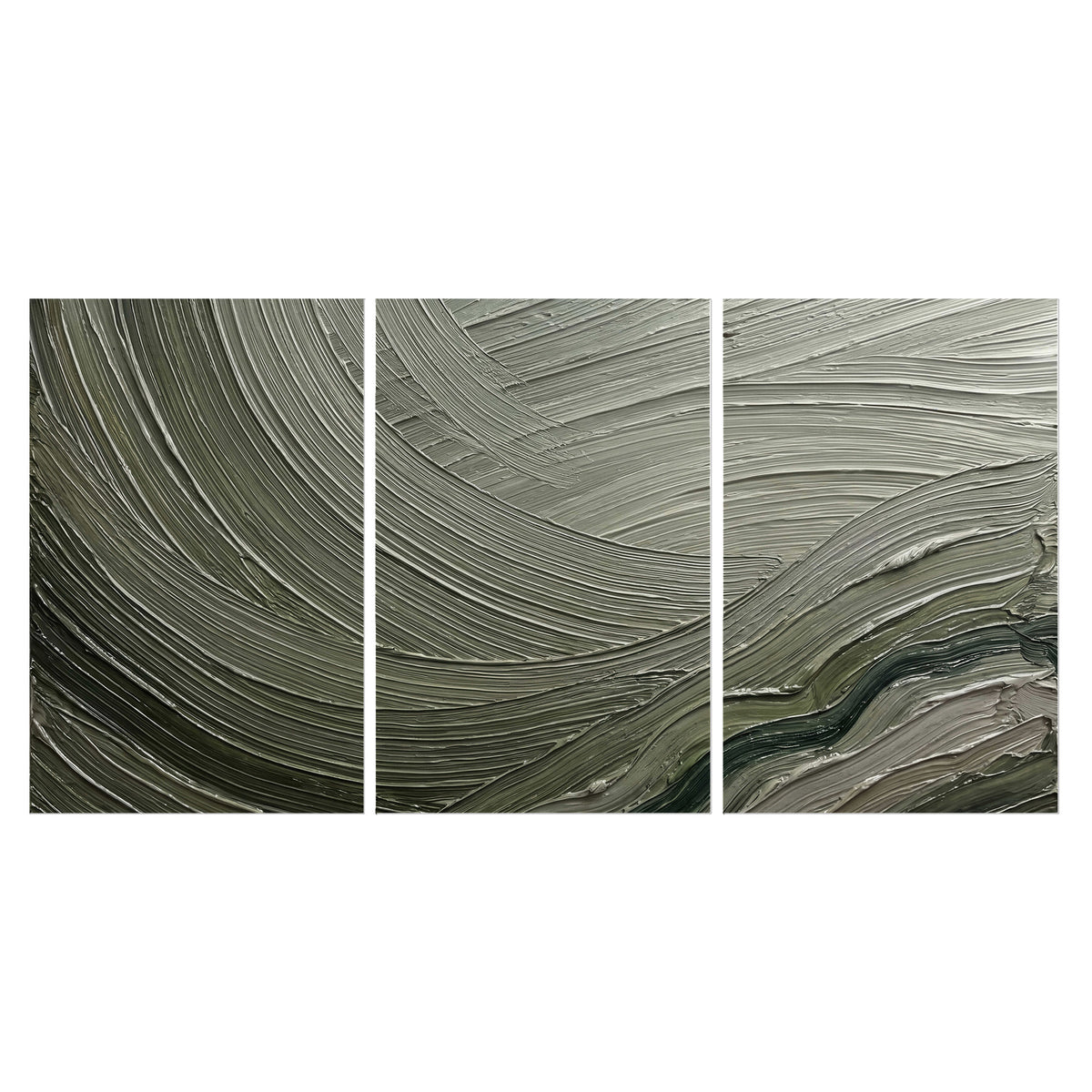 Olive and sage green abstract flowing waves with curved painted-style ridges set of 3 poster prints viewed straight on