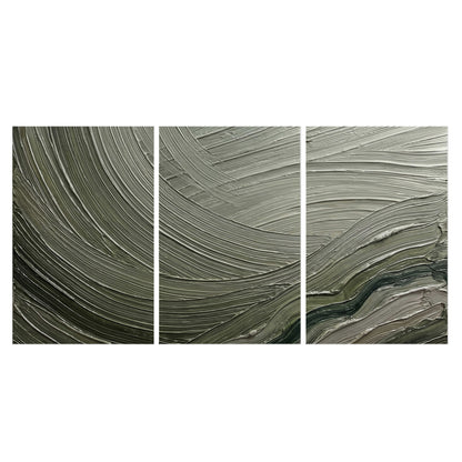 Olive and sage green abstract flowing waves with curved painted-style ridges set of 3 poster prints viewed straight on