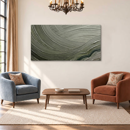 Olive and sage green abstract flowing waves with curved painted-style ridges single canvas wall art styled in an interior