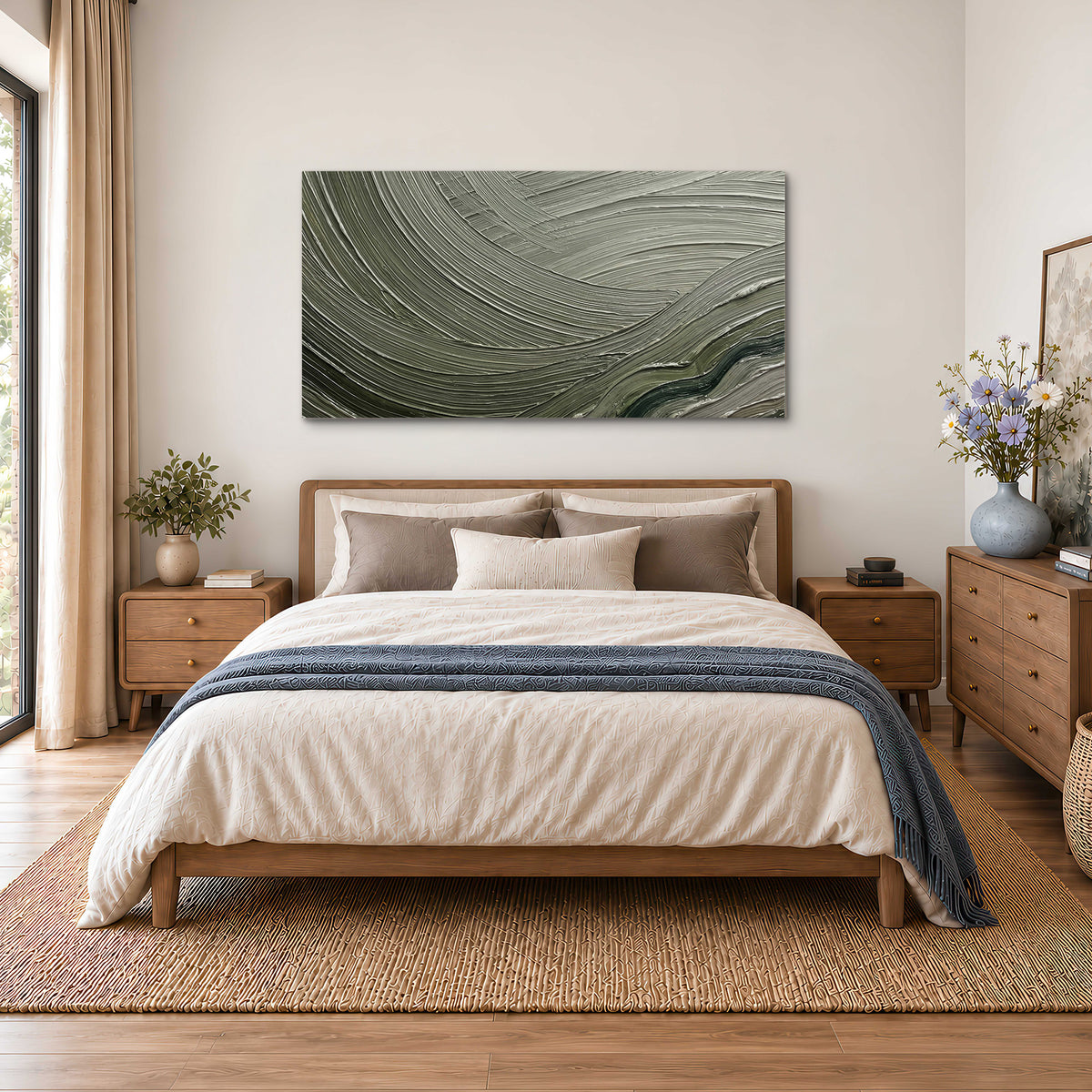 Olive and sage green abstract flowing waves with curved painted-style ridges single canvas wall art styled in an interior