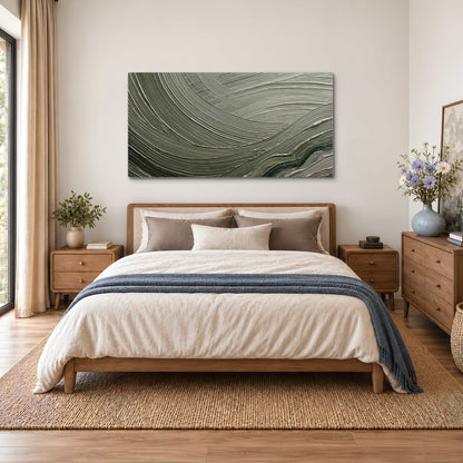 Olive and sage green abstract flowing waves with curved painted-style ridges single canvas wall art styled in an interior