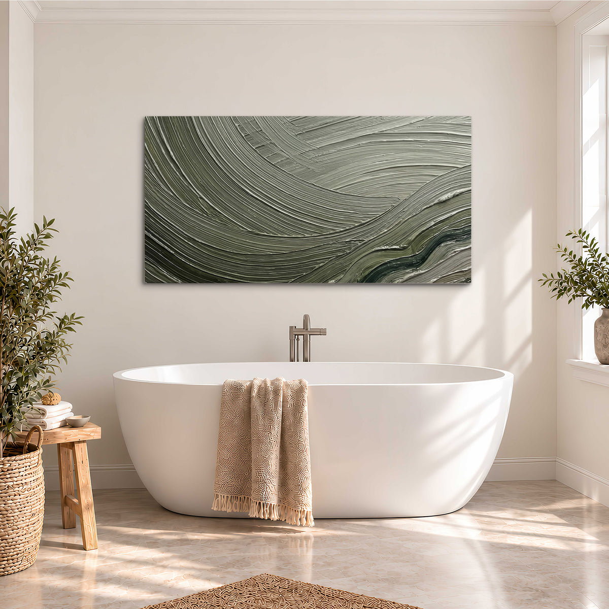 Olive and sage green abstract flowing waves with curved painted-style ridges single canvas wall art styled in an interior
