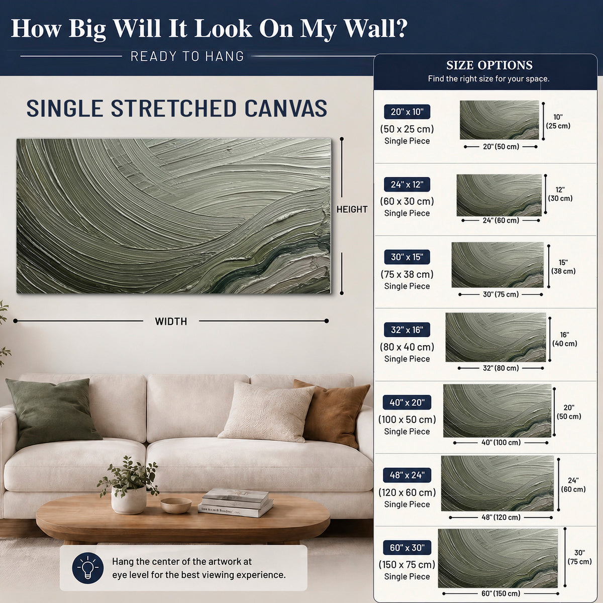 Olive and sage green abstract flowing waves with curved painted-style ridges single canvas wall art size guide above a sofa; room view is illustrative