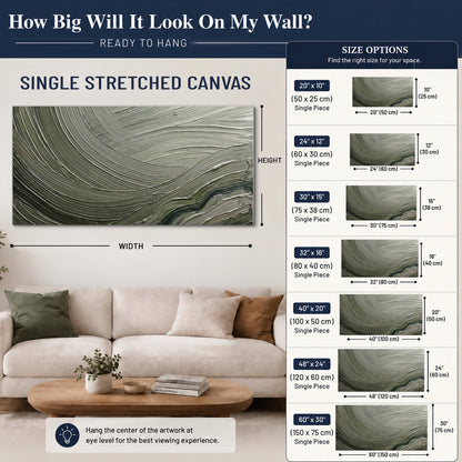 Olive and sage green abstract flowing waves with curved painted-style ridges single canvas wall art size guide above a sofa; room view is illustrative