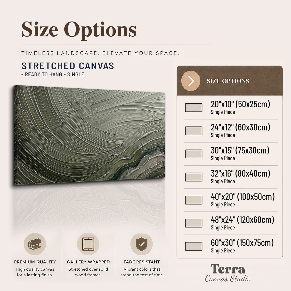 Olive and sage green abstract flowing waves with curved painted-style ridges single canvas wall art available dimensions