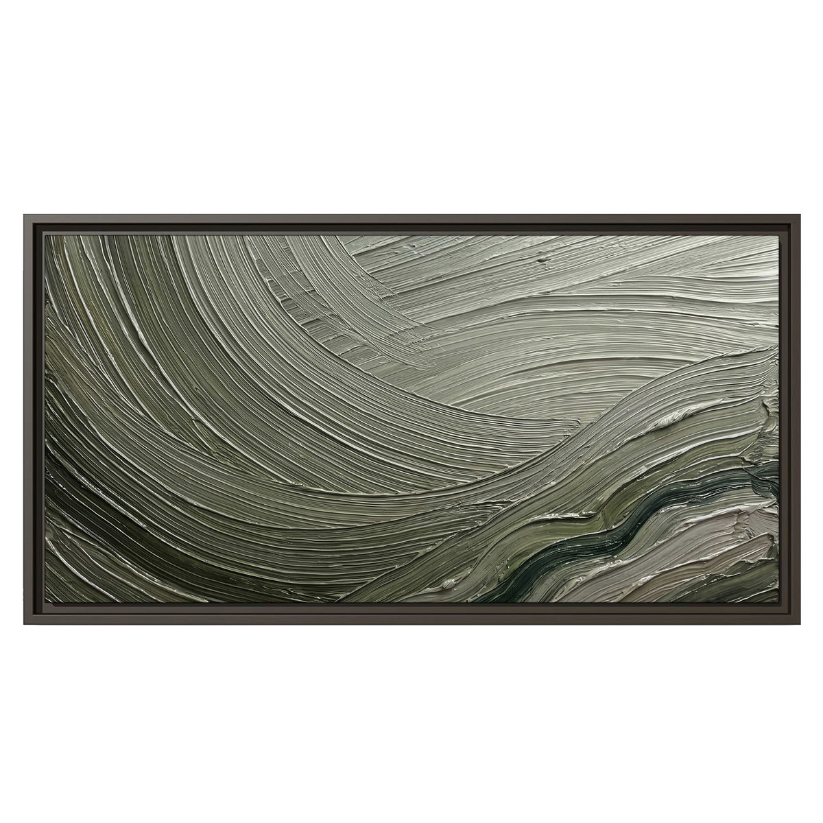Olive and sage green abstract flowing waves with curved painted-style ridges single framed canvas wall art viewed straight on