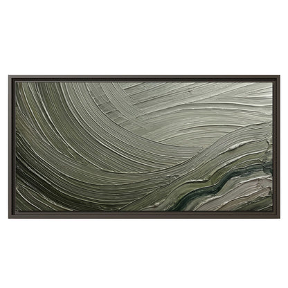 Olive and sage green abstract flowing waves with curved painted-style ridges single framed canvas wall art viewed straight on