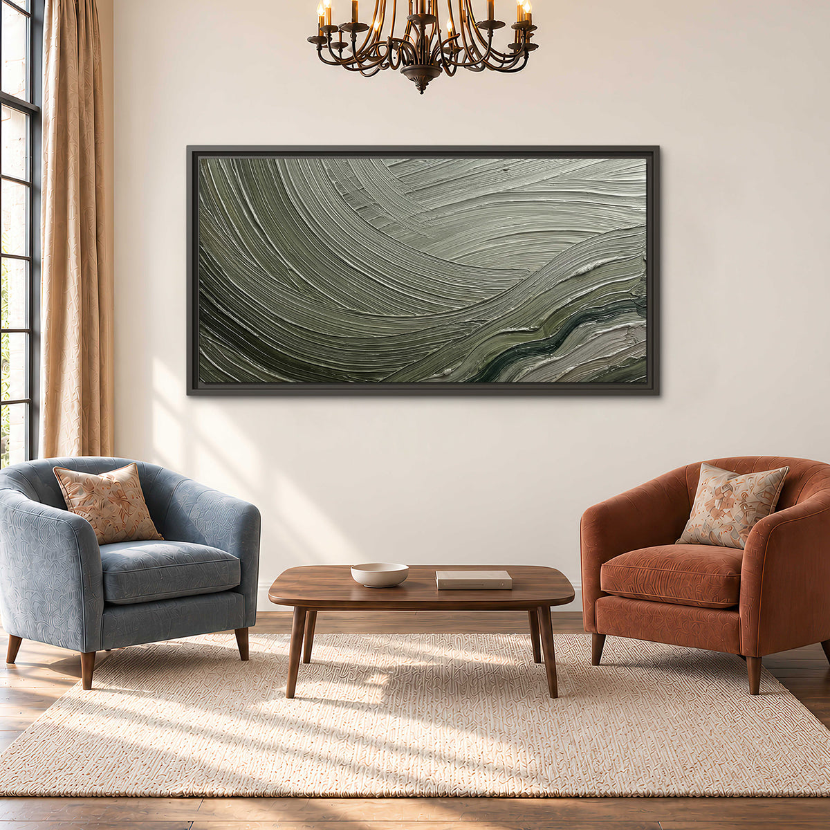 Olive and sage green abstract flowing waves with curved painted-style ridges single framed canvas wall art styled in an interior