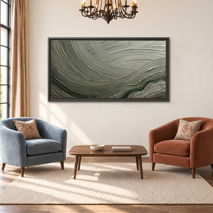 Olive and sage green abstract flowing waves with curved painted-style ridges single framed canvas wall art styled in an interior