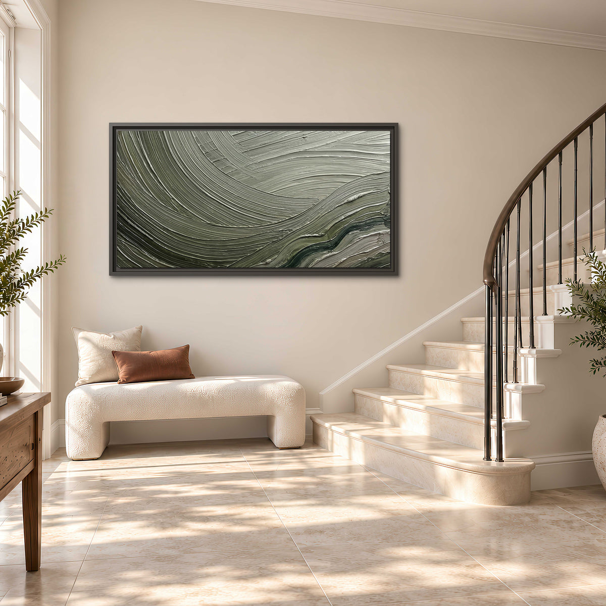 Olive and sage green abstract flowing waves with curved painted-style ridges single framed canvas wall art styled in an interior