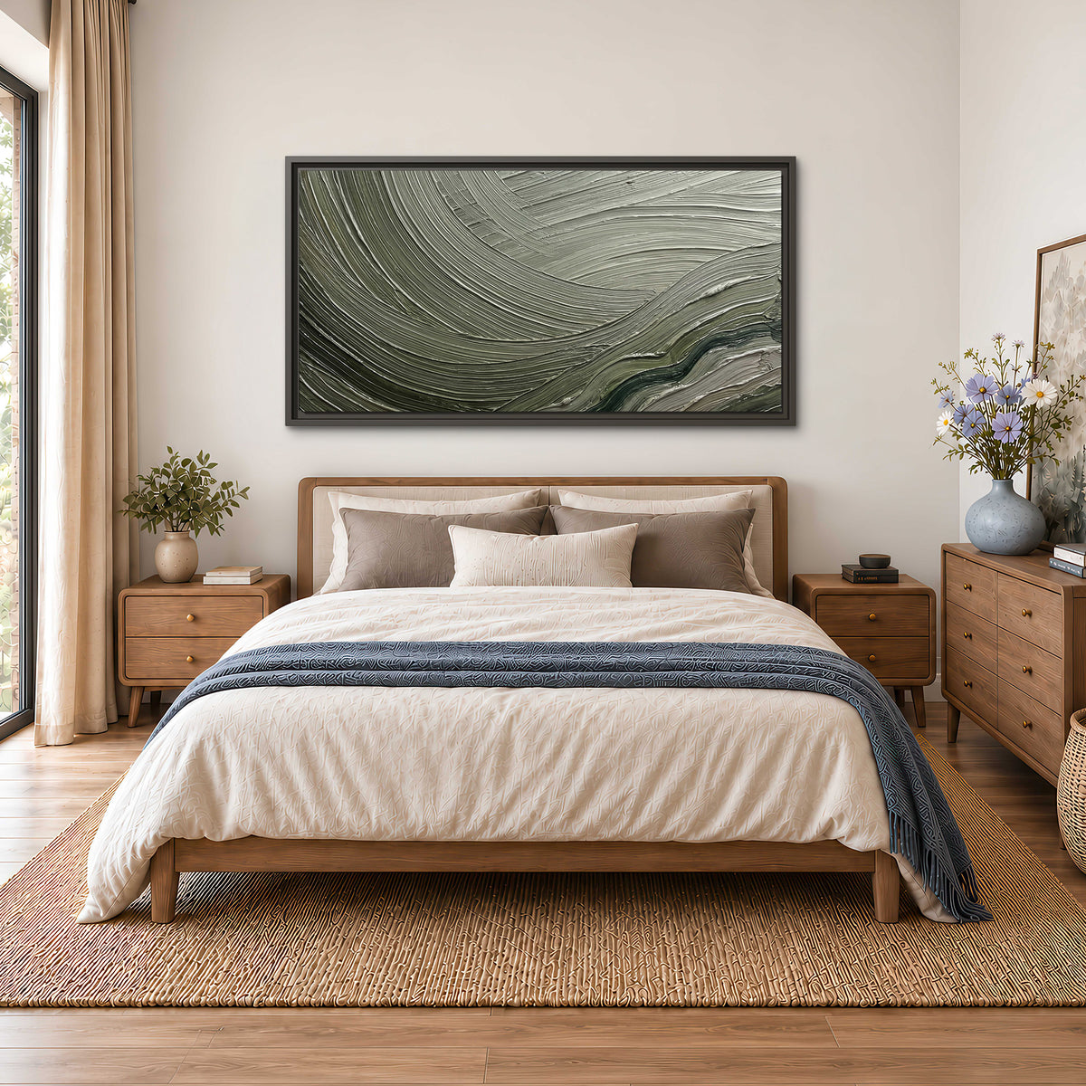 Olive and sage green abstract flowing waves with curved painted-style ridges single framed canvas wall art styled in an interior