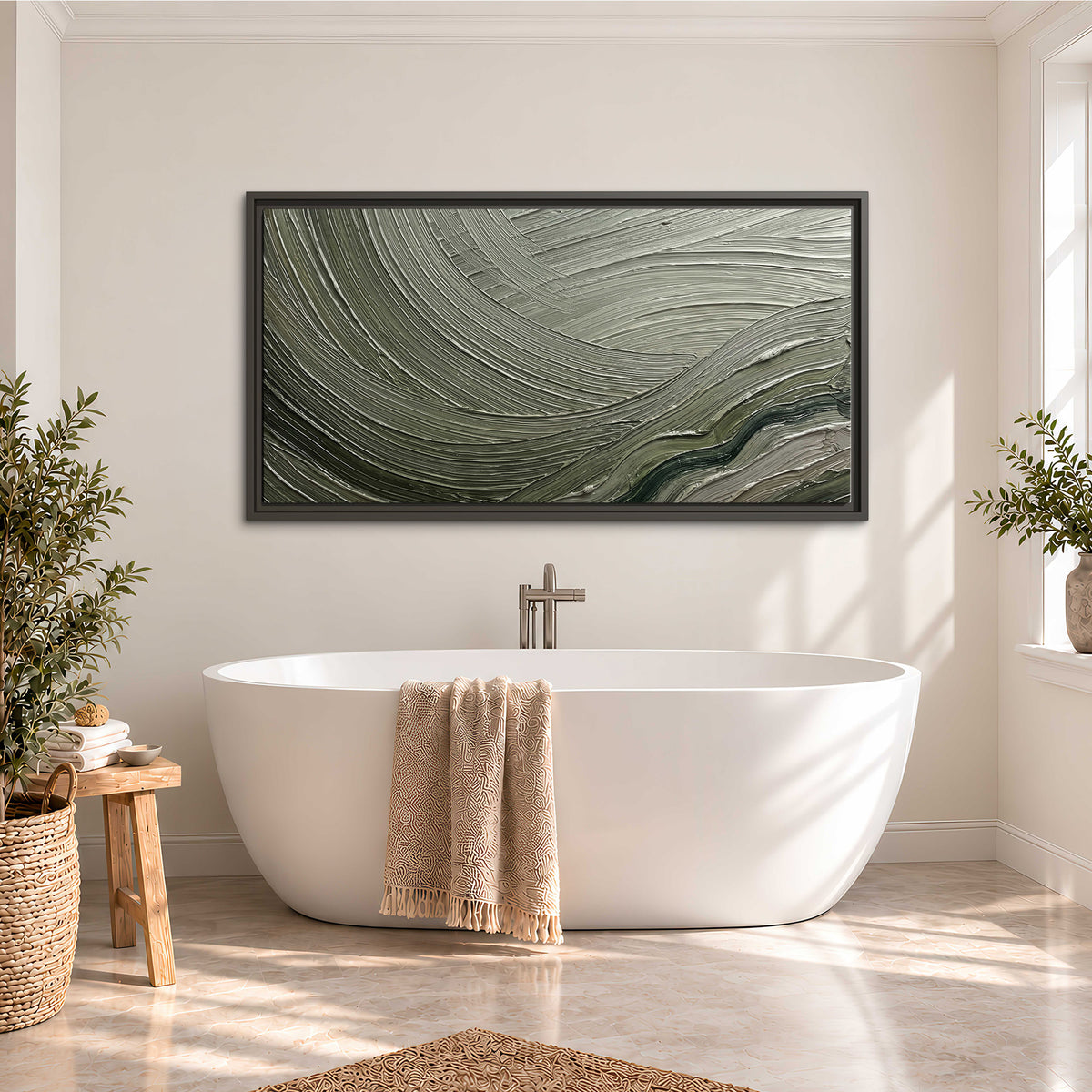 Olive and sage green abstract flowing waves with curved painted-style ridges single framed canvas wall art styled in an interior