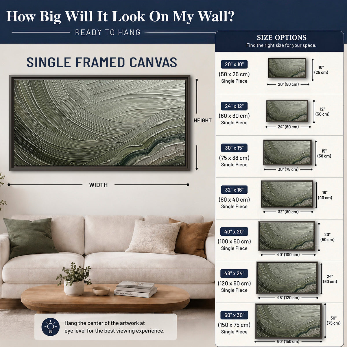 Olive and sage green abstract flowing waves with curved painted-style ridges single framed canvas wall art size guide above a sofa; room view is illustrative
