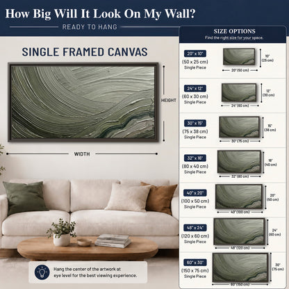 Olive and sage green abstract flowing waves with curved painted-style ridges single framed canvas wall art size guide above a sofa; room view is illustrative