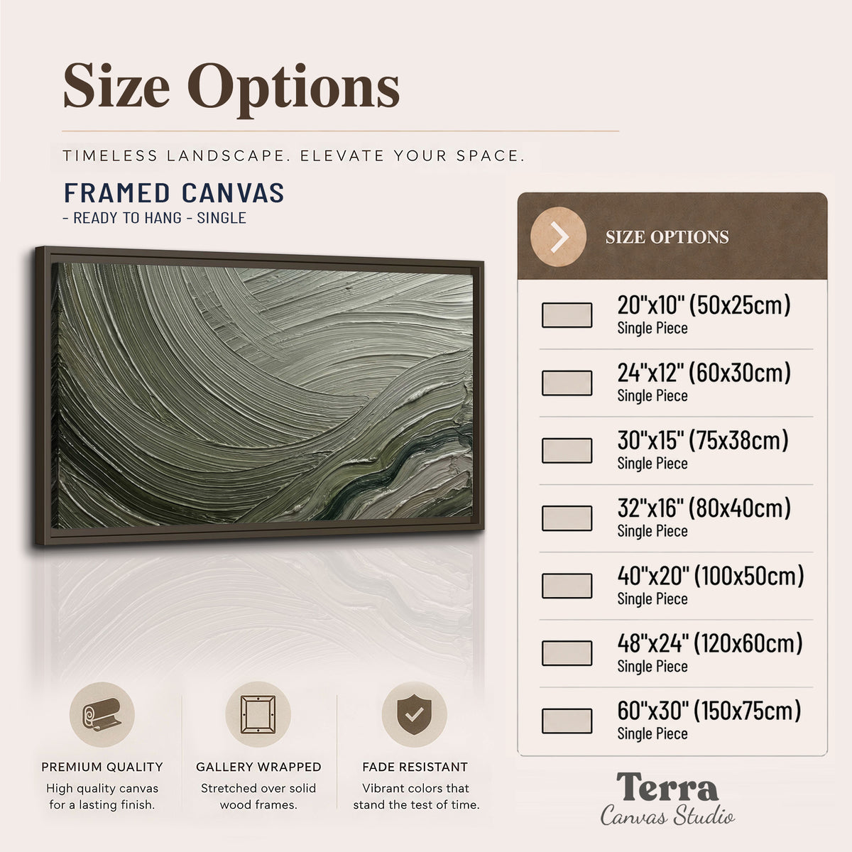 Olive and sage green abstract flowing waves with curved painted-style ridges single framed canvas wall art available dimensions