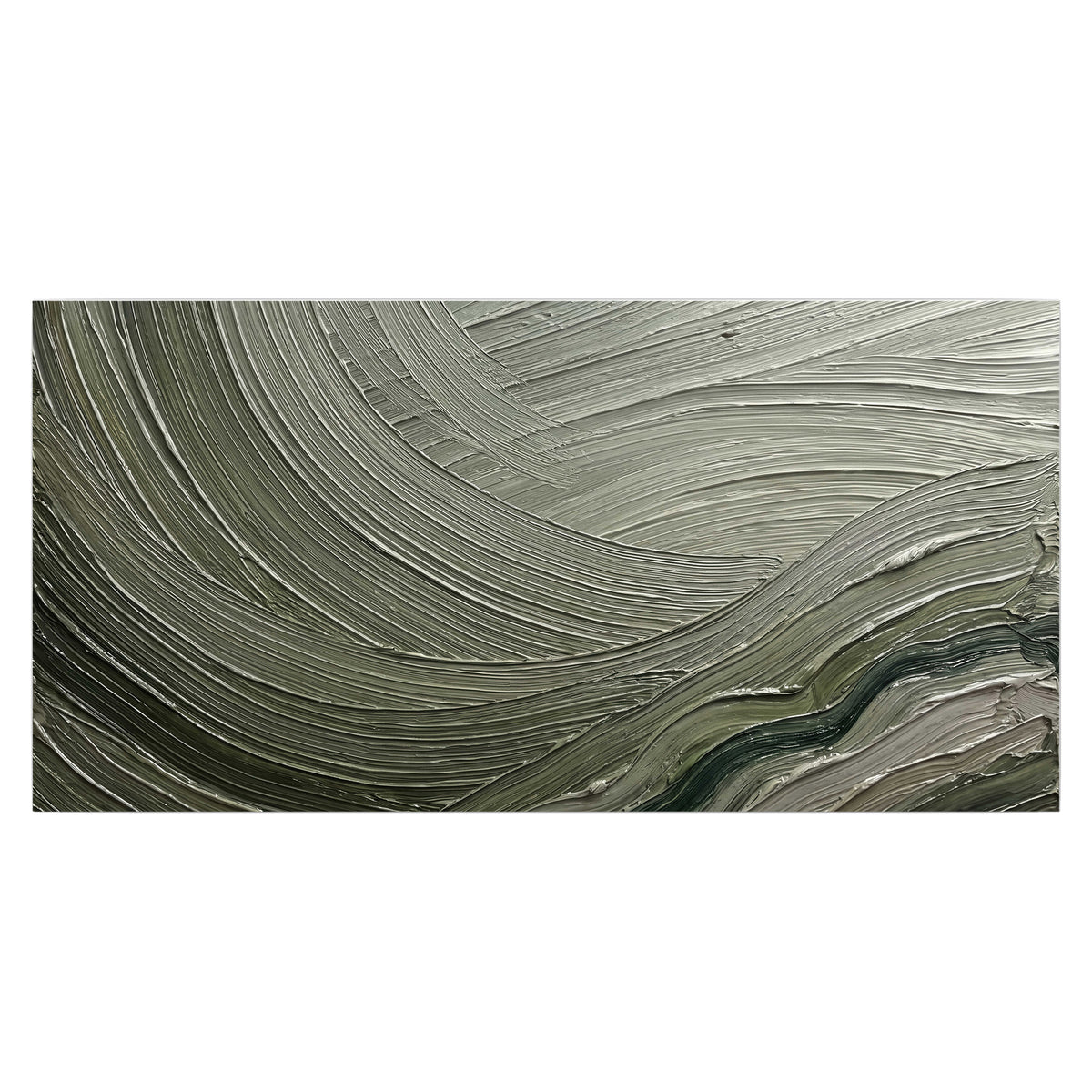 Olive and sage green abstract flowing waves with curved painted-style ridges single poster print viewed straight on