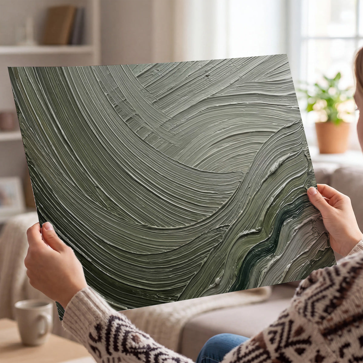 Olive and sage green abstract flowing waves with curved painted-style ridges single poster print held in hands