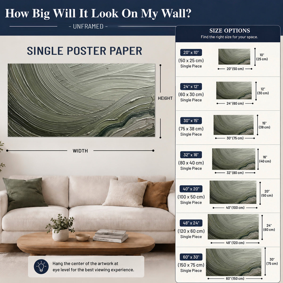 Olive and sage green abstract flowing waves with curved painted-style ridges single poster print size guide above a sofa; room view is illustrative