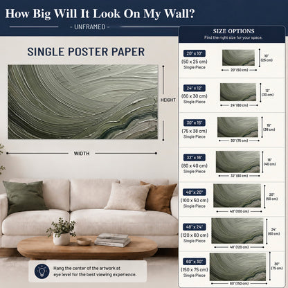 Olive and sage green abstract flowing waves with curved painted-style ridges single poster print size guide above a sofa; room view is illustrative