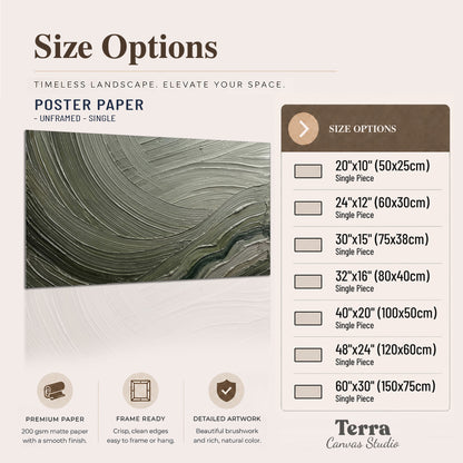 Olive and sage green abstract flowing waves with curved painted-style ridges single poster print available dimensions