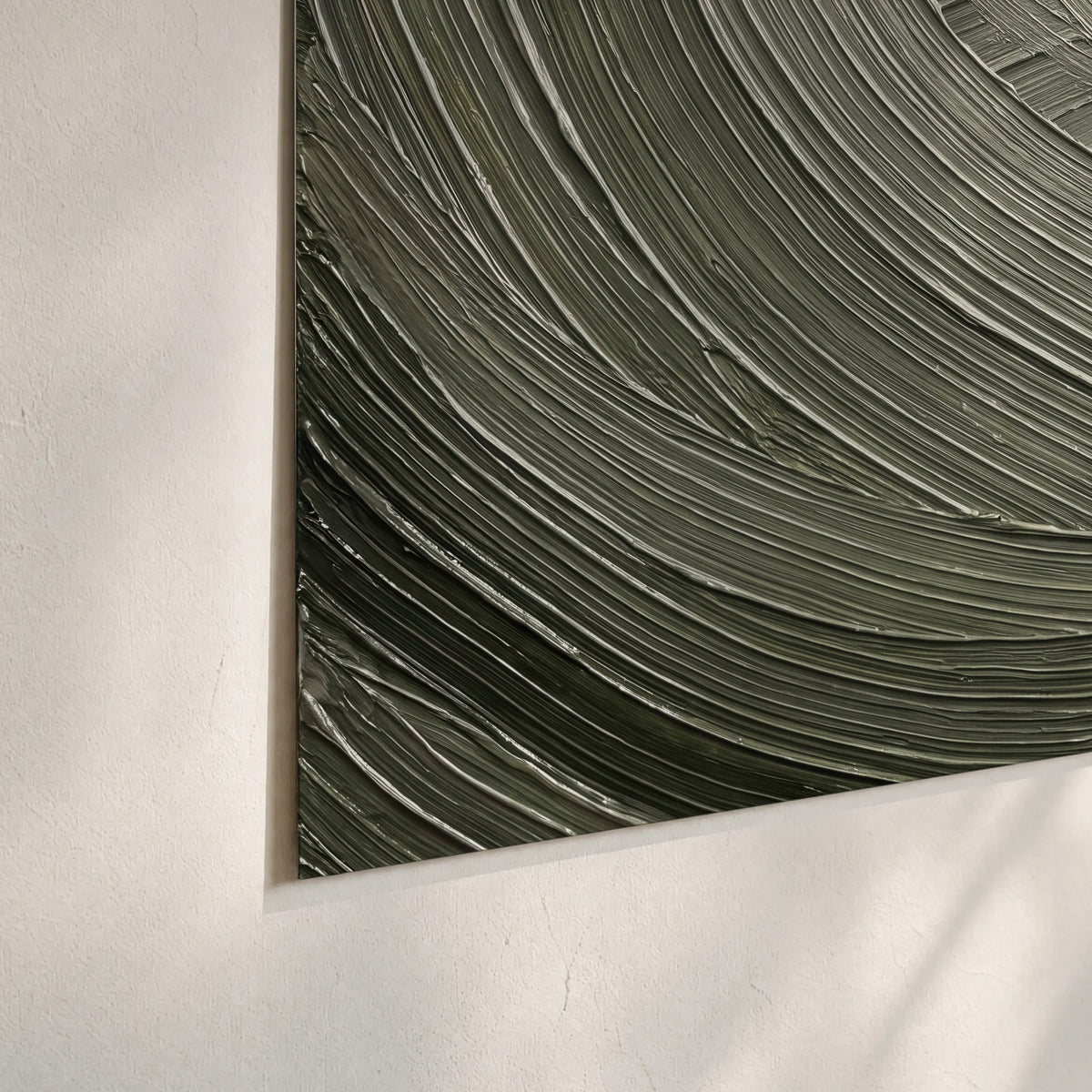 Olive and sage green abstract flowing waves with curved painted-style ridges set of 3 poster prints material and edge close up