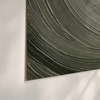 Olive and sage green abstract flowing waves with curved painted-style ridges set of 3 poster prints material and edge close up