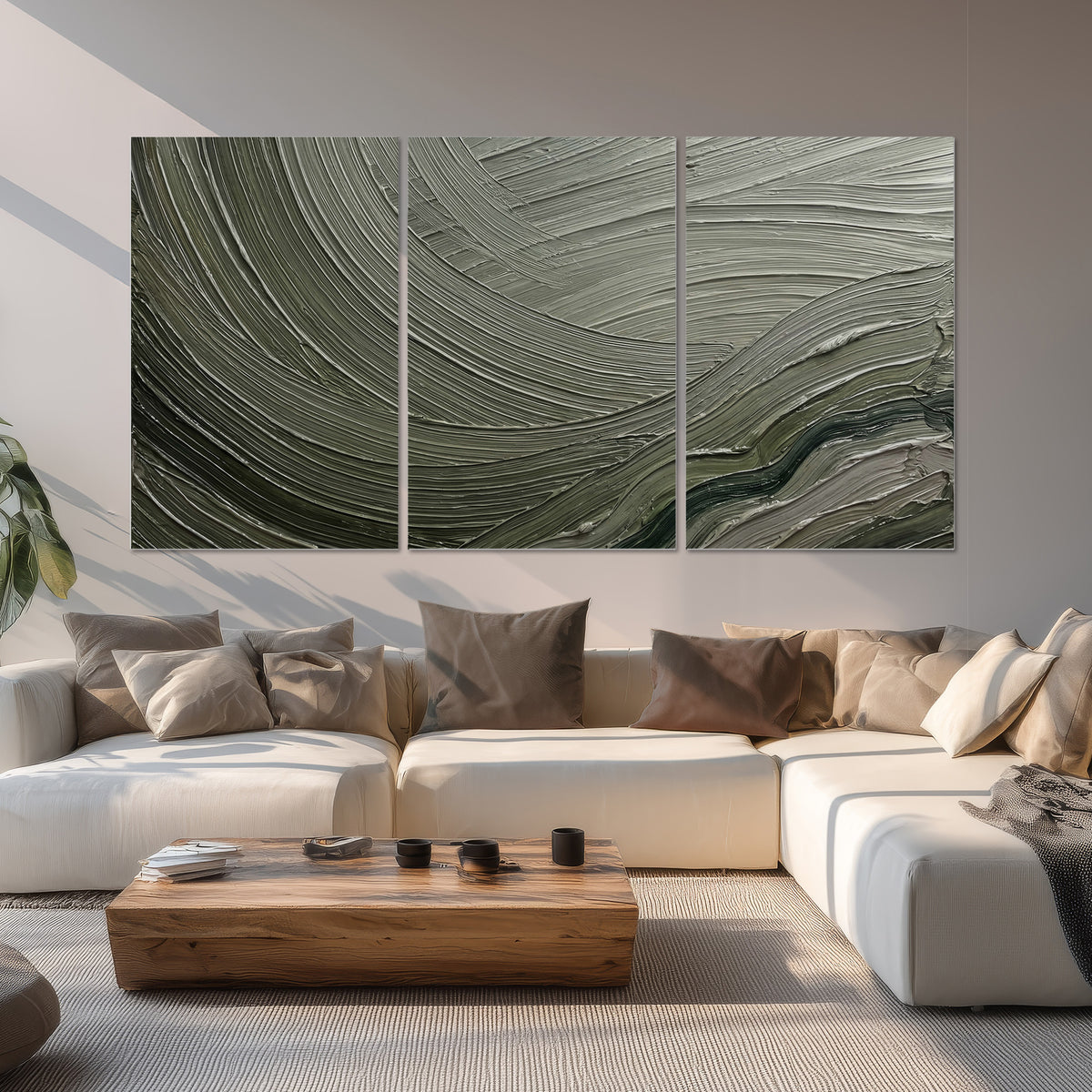 Olive and sage green abstract flowing waves with curved painted-style ridges set of 3 poster prints displayed in a living room