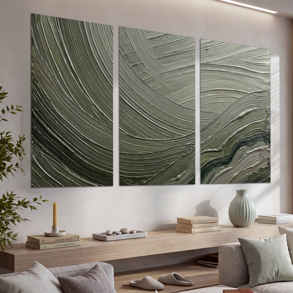 Olive and sage green abstract flowing waves with curved painted-style ridges set of 3 poster prints displayed in a console
