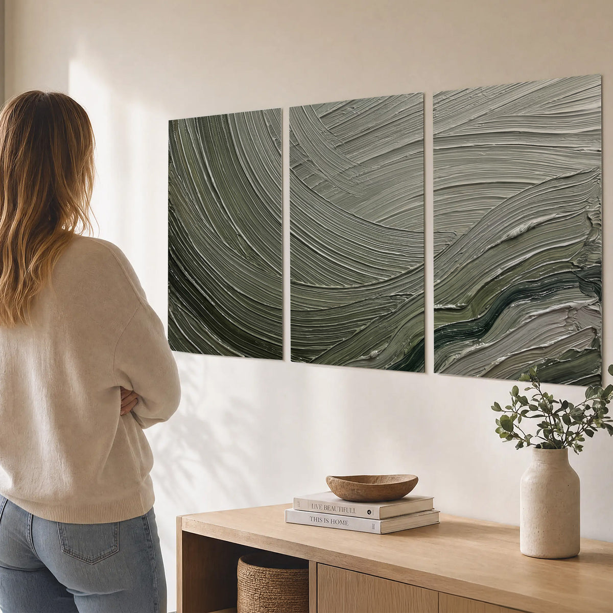Olive and sage green abstract flowing waves with curved painted-style ridges set of 3 poster prints three panel arrangement on a wall